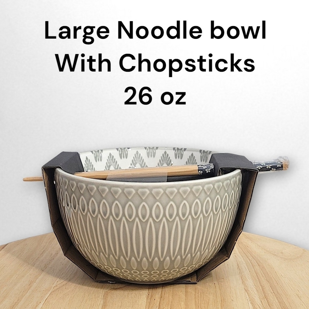 Gray Noodle Bowl with Chopsticks 26 oz Large